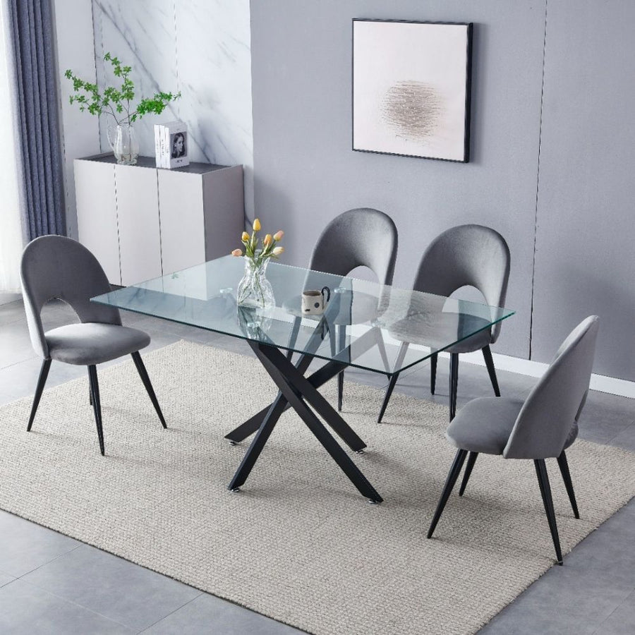 Table à manger rectangulaire plateau verre trempé pieds métal noir 150 cm
