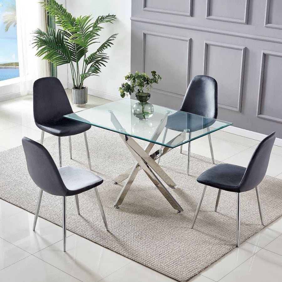 Table à manger rectangulaire plateau verre trempé pieds chrome brillant 150 cm