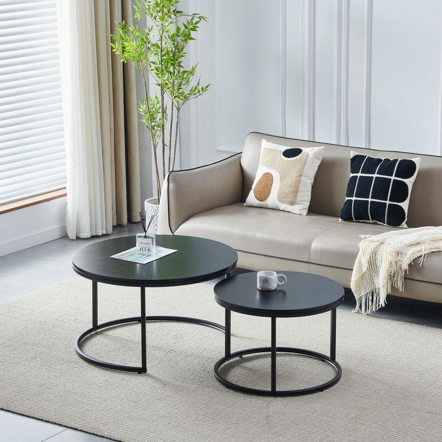 Tables basses gigognes rondes plateau bois noir pieds métal noir Ø 60 et 80 cm