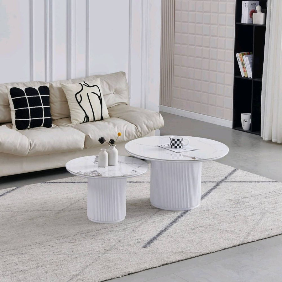 Tables basses gigognes rondes céramique effet marbre pieds bois laqué blanc Ø 60 et 80 cm
