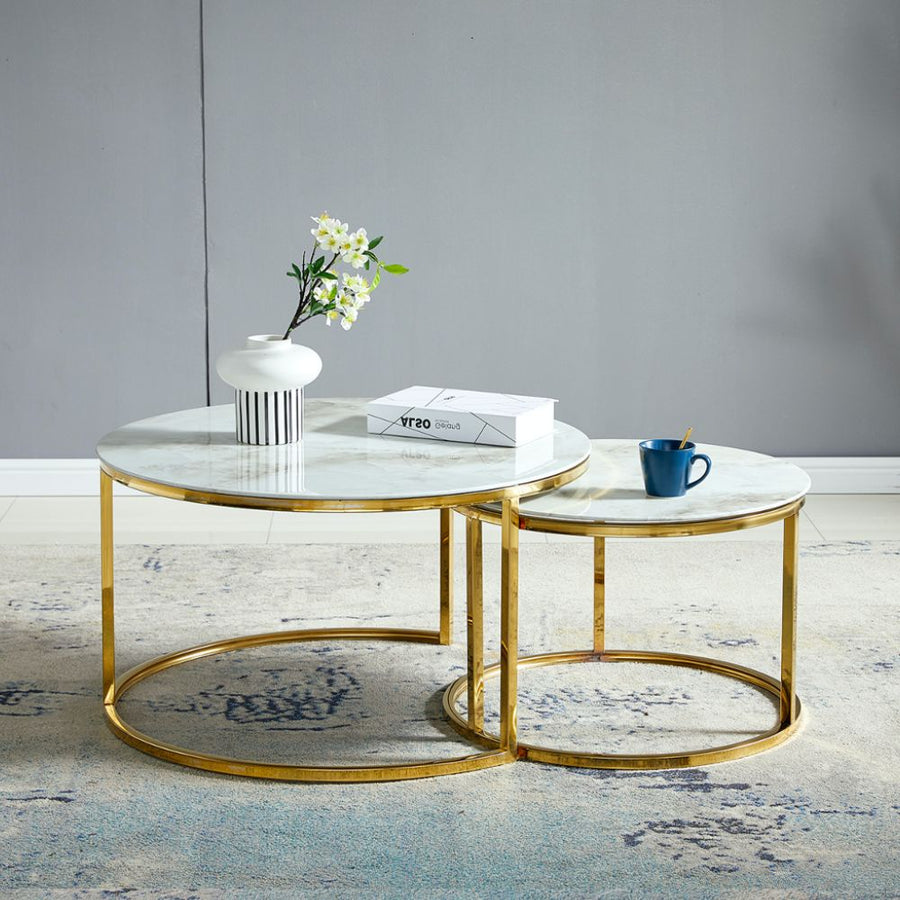 Tables basses gigognes rondes effet marbre pieds en métal doré Ø 60 et 80 cm