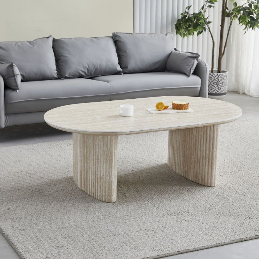 Table basse rectangulaire plateau céramique effet travertin 120 × 70 cm