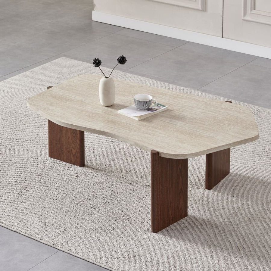 Table basse rectangulaire plateau effet travertin piètement noyer 120 cm