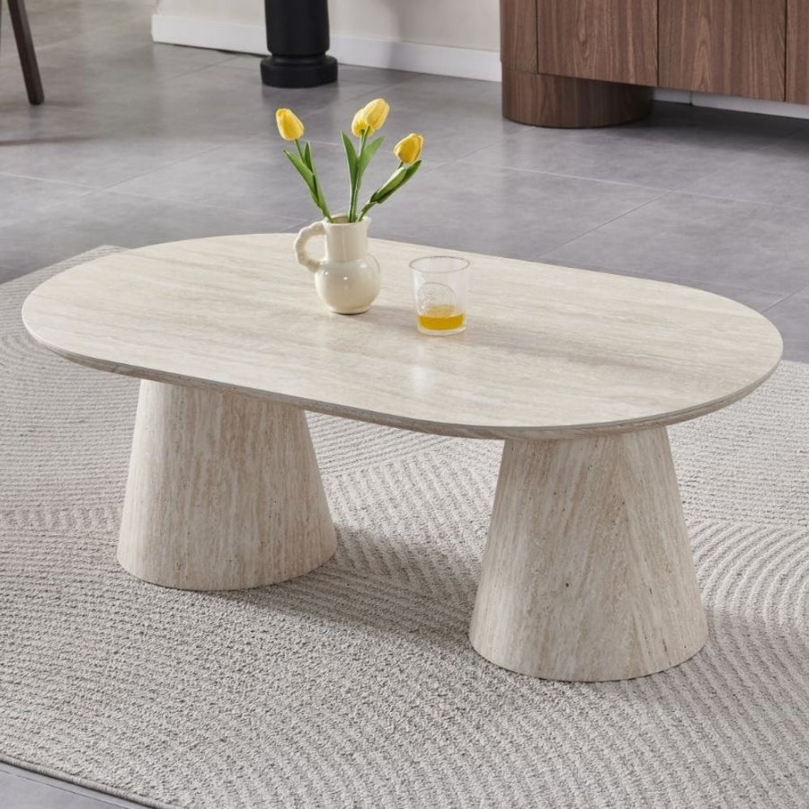 Table basse ovale plateau céramique effet travertin anti-rayure