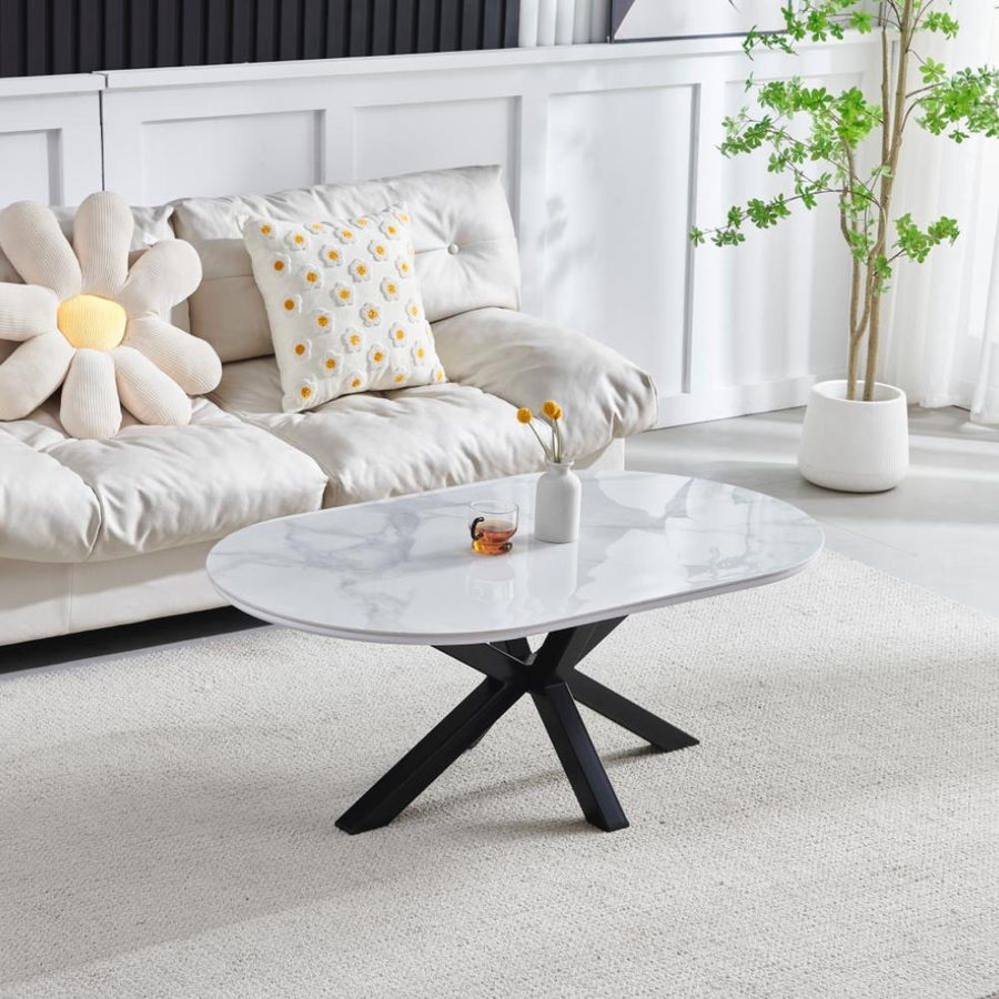 Table basse ovale céramique effet marbre pieds métal noir 120 × 70 cm