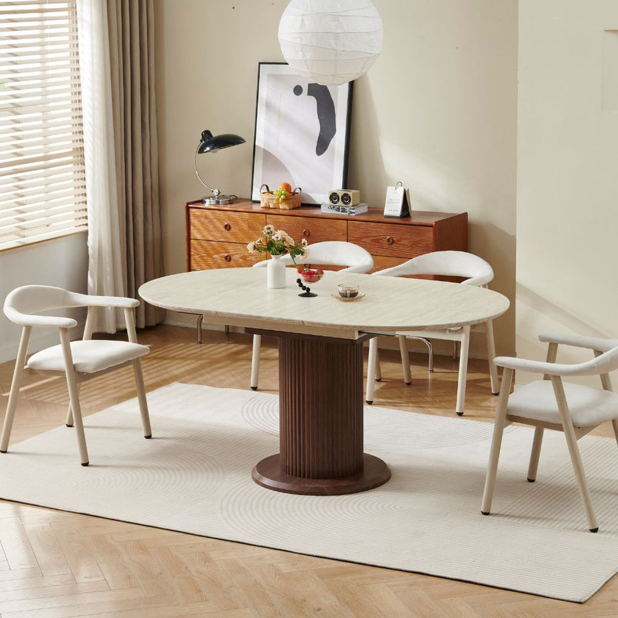 Table à manger extensible à plateau effet travertin et piètement noyer, vue 2