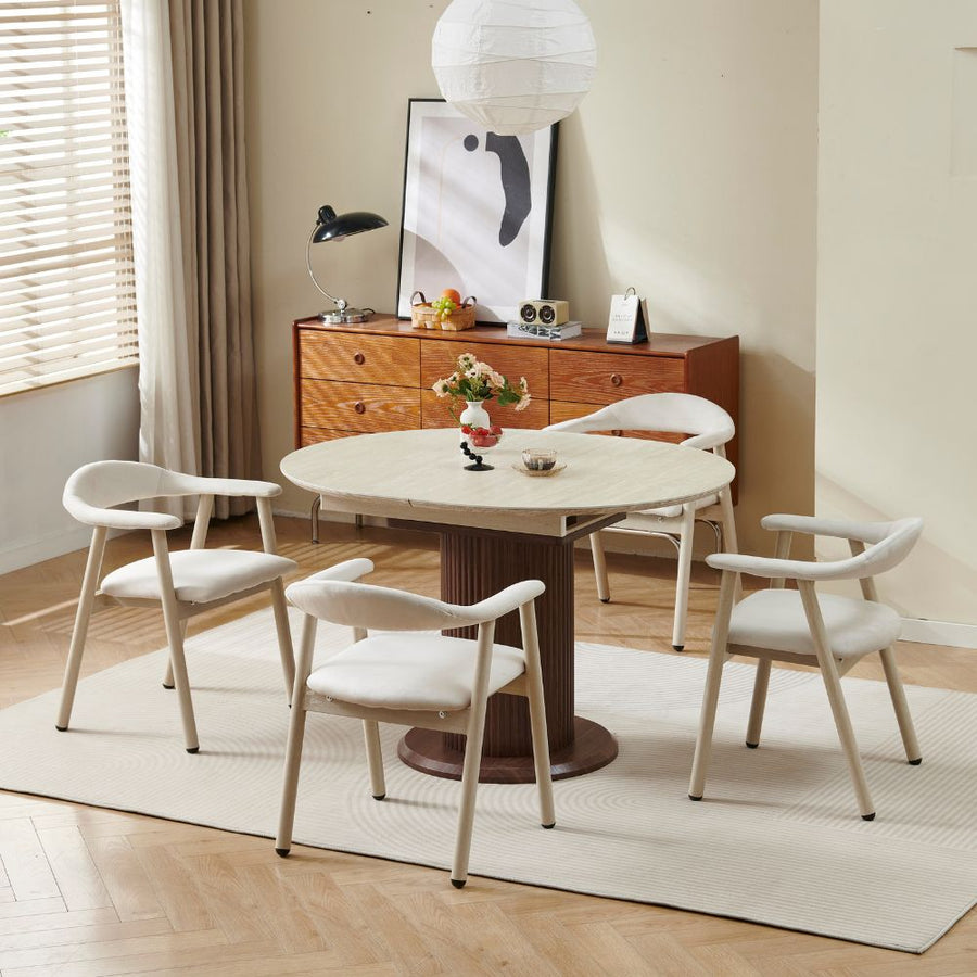 Table à manger extensible plateau céramique effet travertin piètement noyer 125 à 165 cm