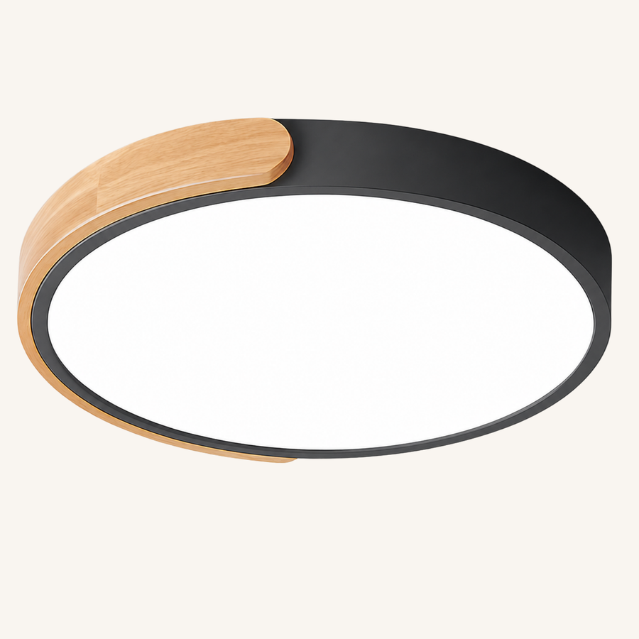Plafonnier LED rond en métal laqué avec anneau de bois Ø 30 à 50 cm